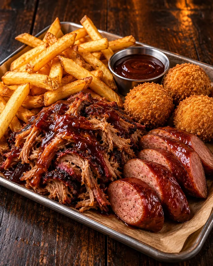 Bandeja com pulled pork, linguiça defumada, bolinhos e fritas