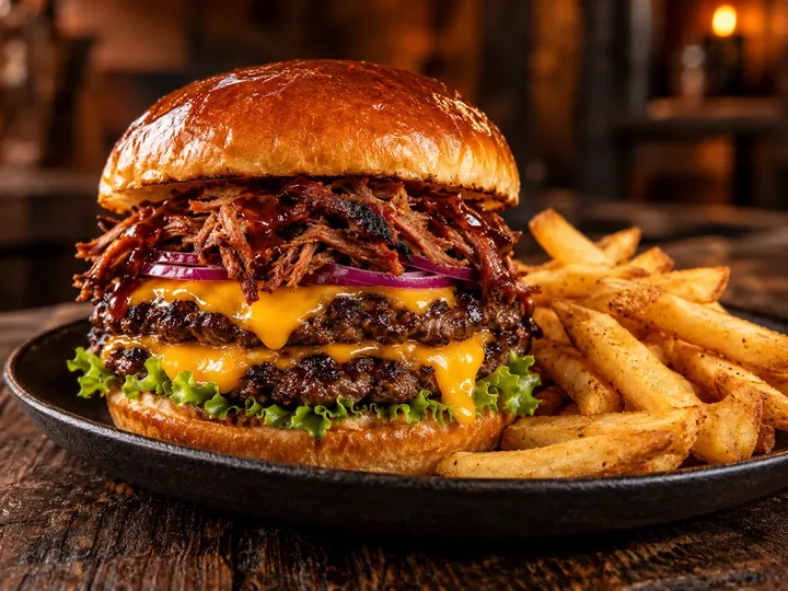 Hambúrguer duplo com cheddar derretido e pulled pork, servido com fritas