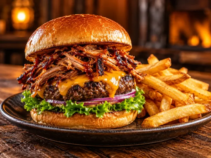 Hambúrguer com cheddar, cebola roxa e pulled pork no pão brioche