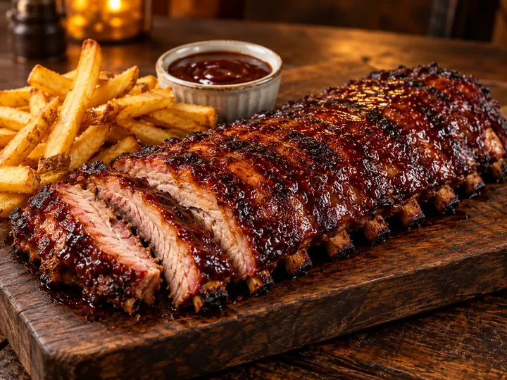 Costela suína barbecue na tábua com fritas e molho