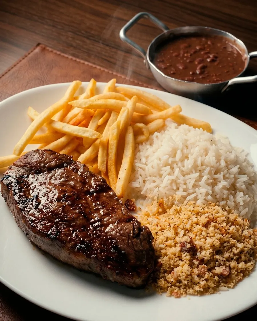 Prato executivo do On Fire: bife grelhado com batata frita, arroz, farofa e feijão