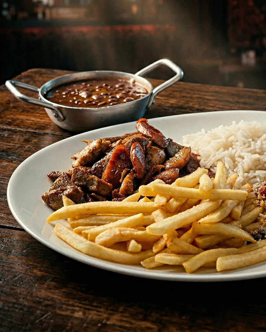 Prato do jantar executivo: carne e linguiça salteadas com batata frita, arroz e feijão