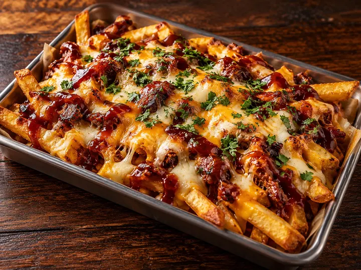 Fritas gratinadas com queijo, carne desfiada e molho barbecue