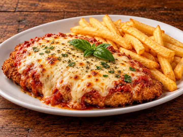 Parmegiana gratinada com molho de tomate e manjericão, com fritas