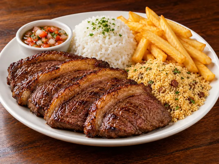 Picanha fatiada com arroz, fritas, farofa e vinagrete