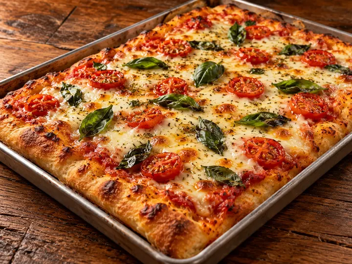Pizza de tabuleiro com muçarela, tomate e manjericão