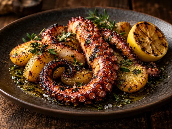 Tentáculo de polvo grelhado com batatas, ervas e limão