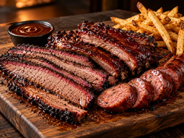 Tábua de brisket fatiado, costela e linguiça defumada com fritas e molho barbecue